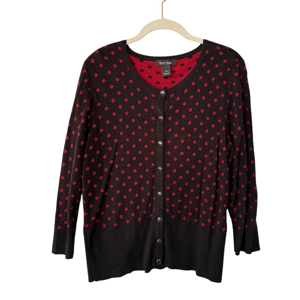 WHBM Classic Black Red Polka Dot Cardigan Sweater Women’s Large Snap Front